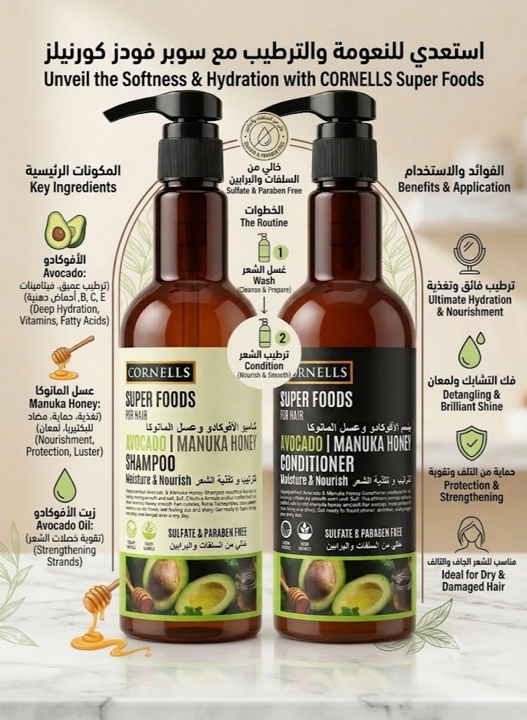 CORNELLS Shampoo 500 ml and Conditioner 500 ml Avocado and Manuka Honey to Moisturize and Nourish the Hair Free of Sulfates and Parabens - Image 2
