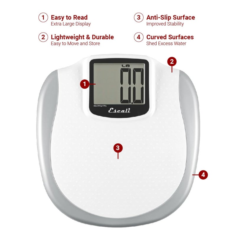 Escali ميزان حمام رقمي كبير الحجم من إسكالي مع شاشة سهلة القراءة ومنصة غير قابلة للانزلاق بسعة عالية تصل إلى 440 رطل مع بطاريات مرفقة - Image 2