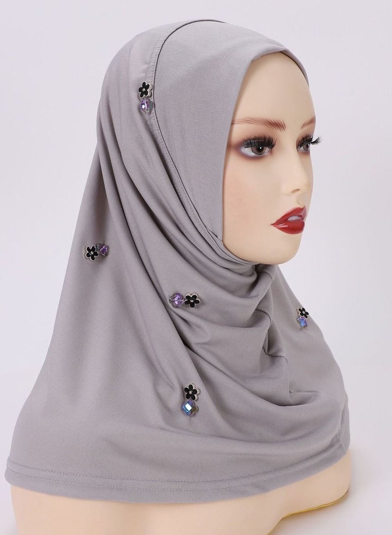 Crystal Diamond Decoration Satin Women Muslim Headwear Wearable Traditional Wear Long Fashion Head Scarf for Ladies All Seasons Hijab Grey