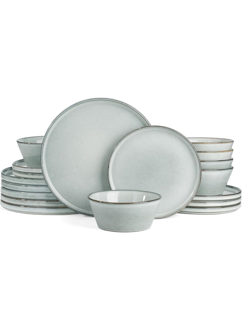 Famiware Annecy 18 Piece Double Reactive Glaze Handmade Dinnerware Set, Set for 6, Scratch Resistant, Microwave & Dishwasher Safe, Grey-Blue - Image 1
