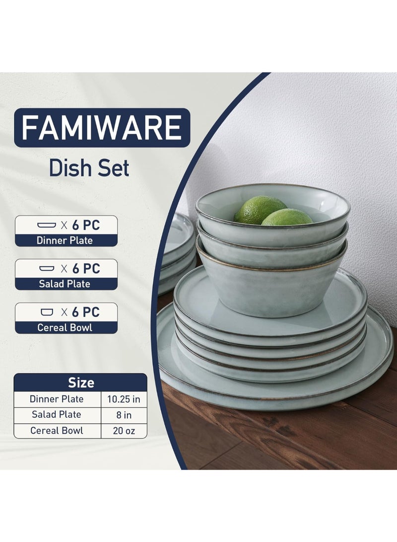 Famiware Annecy 18 Piece Double Reactive Glaze Handmade Dinnerware Set, Set for 6, Scratch Resistant, Microwave & Dishwasher Safe, Grey-Blue - Image 2