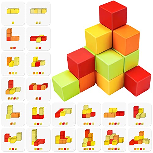 NiToy Wooden Cube Toy 16PCS Building Blocks for Kids 40 Pattern Cards and Storage Pouch 4 Colors 3D Space Stacking Game STEM Educational Preschool Learning Sensory Toy Counting Math Color Cognition - Image 1