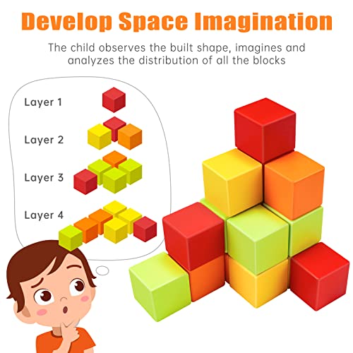 NiToy Wooden Cube Toy 16PCS Building Blocks for Kids 40 Pattern Cards and Storage Pouch 4 Colors 3D Space Stacking Game STEM Educational Preschool Learning Sensory Toy Counting Math Color Cognition - Image 5