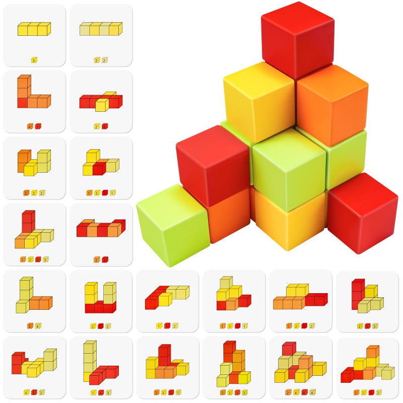 NiToy Wooden Cube Toy 16PCS Building Blocks for Kids 40 Pattern Cards and Storage Pouch 4 Colors 3D Space Stacking Game STEM Educational Preschool Learning Sensory Toy Counting Math Color Cognition - Image 3