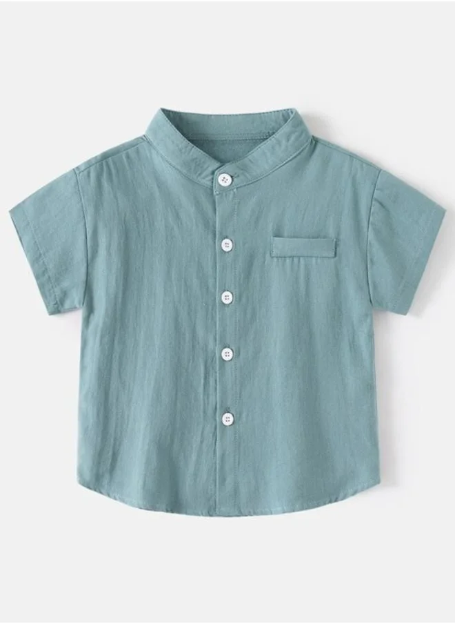 YUNIQEE Blue Mandarin Collar Short Sleeve Solid Shirt