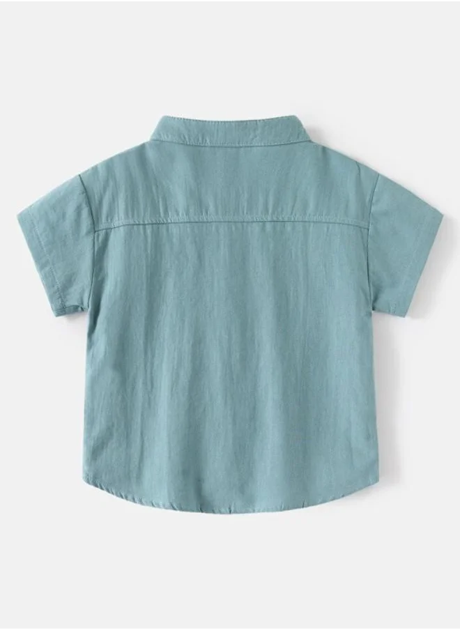 YUNIQEE Blue Mandarin Collar Short Sleeve Solid Shirt