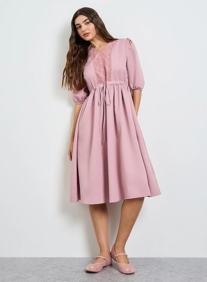 ستايلي Pink Lace Trim A-Line Midi Dress