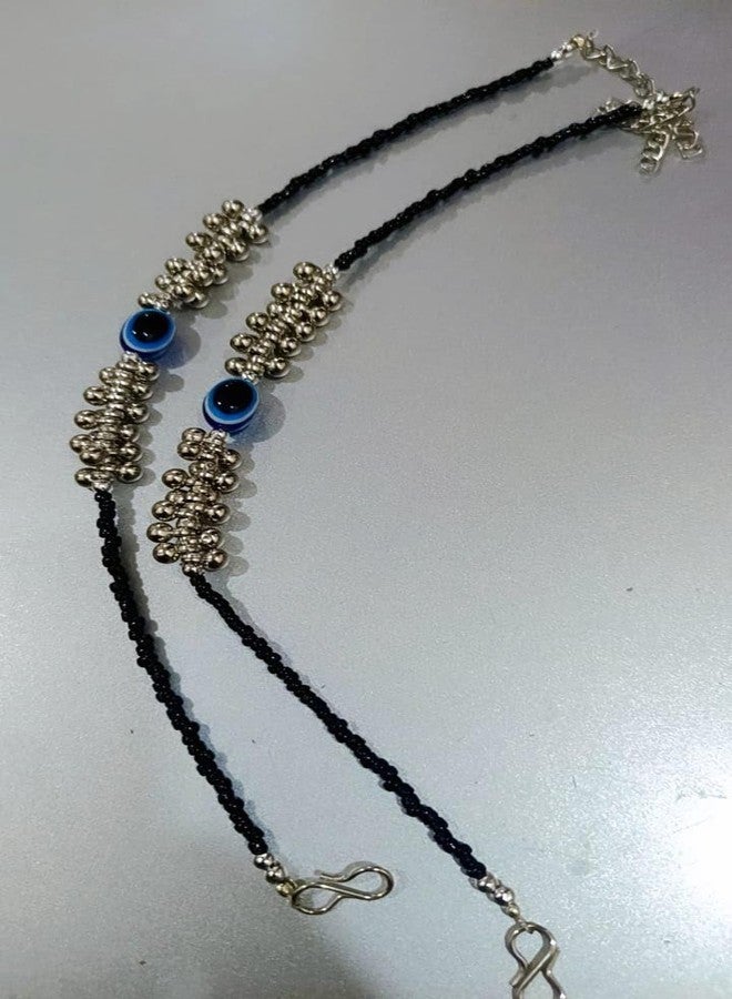 VRUTA Evil Eye Metal Anklet for Women Black Beaded Chain Payal with Charms (Design 3) - Image 5