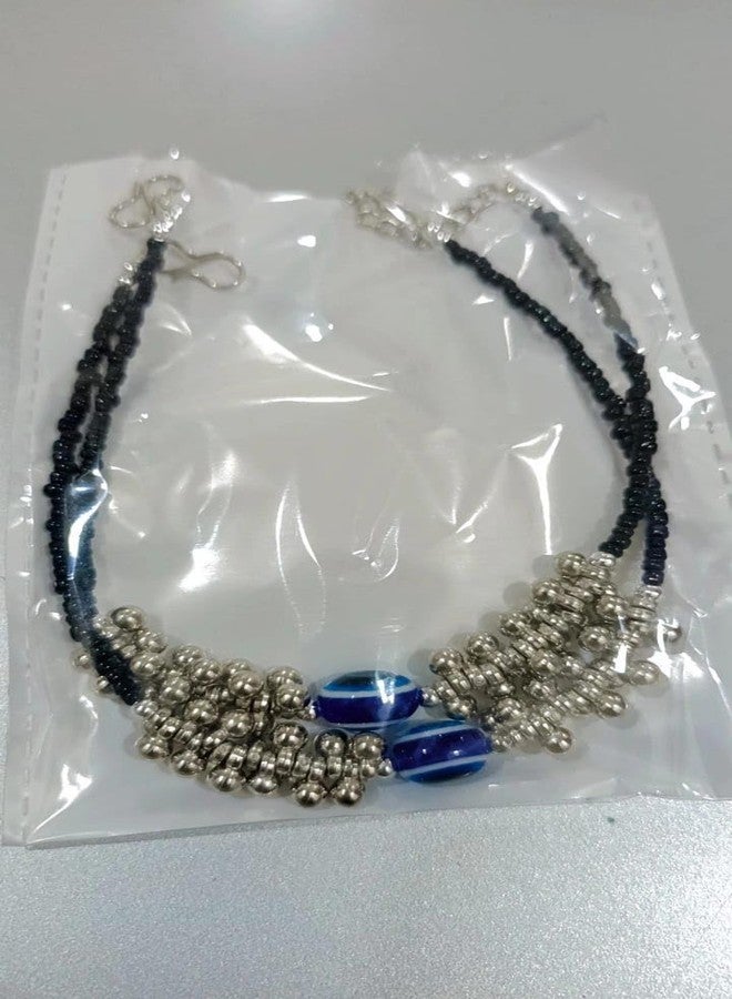 VRUTA Evil Eye Metal Anklet for Women Black Beaded Chain Payal with Charms (Design 3) - Image 3