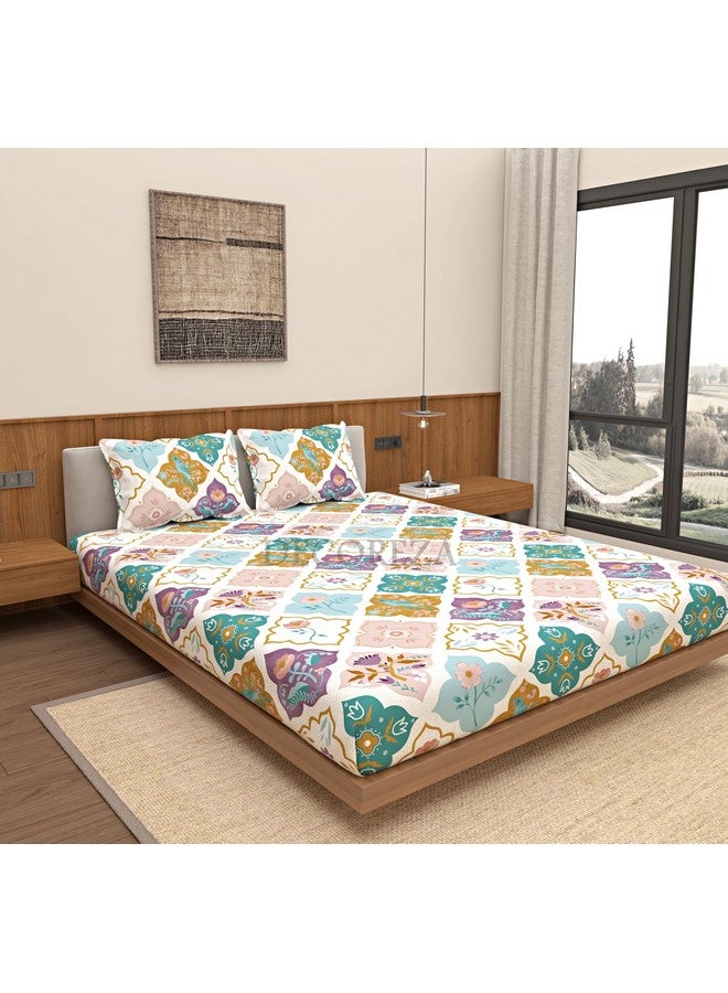 DECOREZA Queen Size Elastic Fitted Bedsheet with Deep Pocket Cotton Feel Bed Sheet for Double Bed, Soft, Breathable & Wrinkle-Resistant, Includes 2 Pillow Covers, Size - 60"x78" Mandala Beige - Image 1