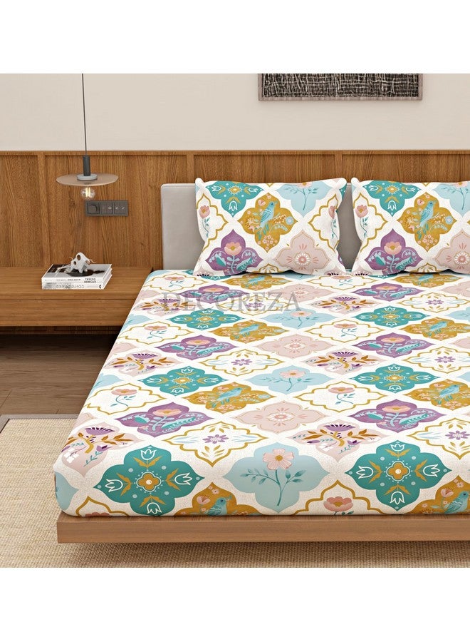 DECOREZA Queen Size Elastic Fitted Bedsheet with Deep Pocket Cotton Feel Bed Sheet for Double Bed, Soft, Breathable & Wrinkle-Resistant, Includes 2 Pillow Covers, Size - 60"x78" Mandala Beige - Image 4