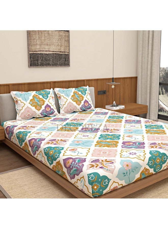 DECOREZA Queen Size Elastic Fitted Bedsheet with Deep Pocket Cotton Feel Bed Sheet for Double Bed, Soft, Breathable & Wrinkle-Resistant, Includes 2 Pillow Covers, Size - 60"x78" Mandala Beige - Image 3