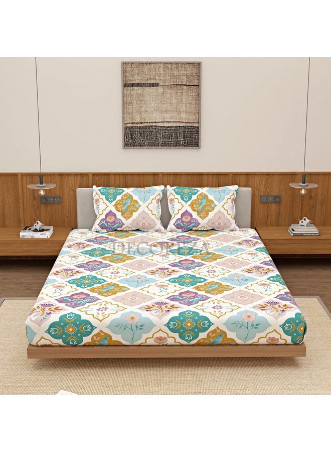 DECOREZA Queen Size Elastic Fitted Bedsheet with Deep Pocket Cotton Feel Bed Sheet for Double Bed, Soft, Breathable & Wrinkle-Resistant, Includes 2 Pillow Covers, Size - 60"x78" Mandala Beige - Image 2