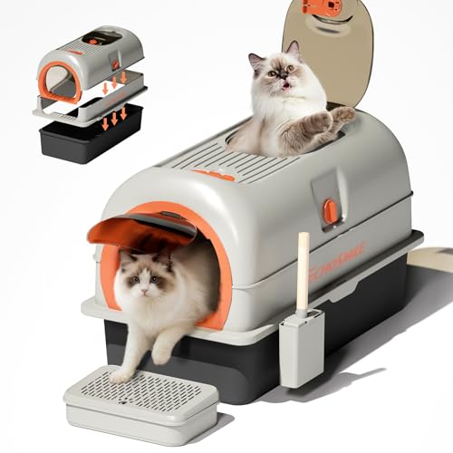 EchoSmile Stainless Steel Cat Litter Box with Lid, Large Enclosed Litter Box Top Entry for Cats & Kitty, Non Stick Metal Litter Box with Scoop & Foot Pedal, Odor Free, Anti-Leakage, Grey - Image 1