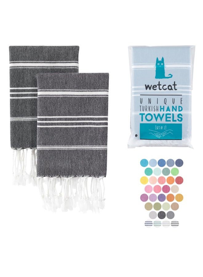 WetCat Turkish Hand Towels with Hanging Loop (20 x 30) - Set of 2, 100% Cotton, Soft - Pre Washed Boho Farmhouse Kitchen Towels - Unique Decorative Hand Towels for Bathroom (Black) - Image 1
