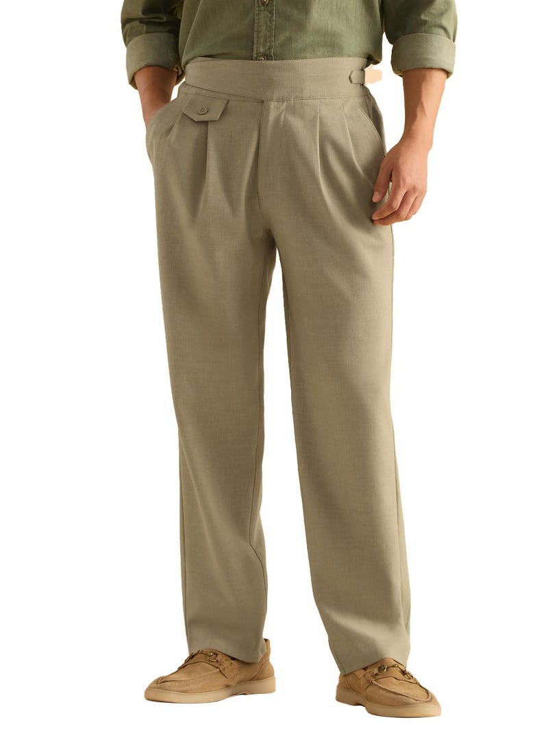 The Souled Store: Gurkha Pants Men and Boys Solid Polyester Blend Straight Fit Adjustable Waistband 4-Way Stretch Wrinkle Resistant Pleated Front Trousers Light Olive - Image 1