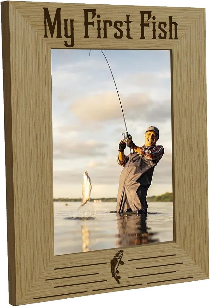 Fishing Photo Frame My First Fish Picture Frame Wood Engraved Picture Holder Memorial Tabletop Keepsake Suit 4x6 Photo Friendship Gifts for Hanging Wall Family Friends Desk Decor 6x8 Inch