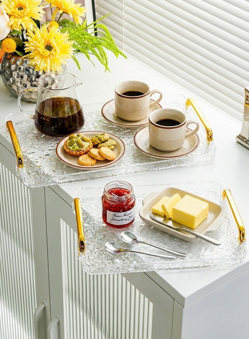 ياسمينةارا طقم صواني تقديم أكريليك مكون من قطعتين بمقابض ذهبية، بتصميم عصري مموج، صواني مستطيلة للمطبخ، غرفة الطعام، البار، تنظيم الحمام - مقاسان (كبير وصغير)، مانعة للانسكاب، شفافة وأنيقة لتزيين المنزل - Image 1