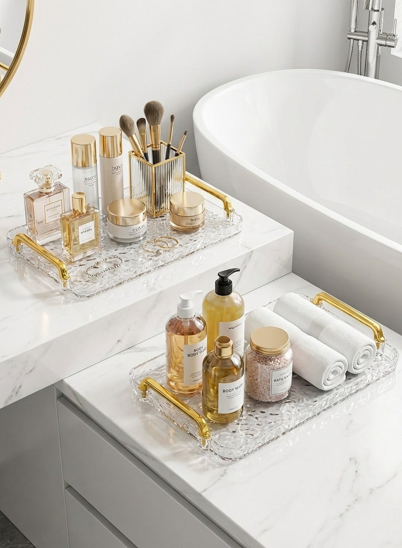 ياسمينةارا طقم صواني تقديم أكريليك مكون من قطعتين بمقابض ذهبية، بتصميم عصري مموج، صواني مستطيلة للمطبخ، غرفة الطعام، البار، تنظيم الحمام - مقاسان (كبير وصغير)، مانعة للانسكاب، شفافة وأنيقة لتزيين المنزل - Image 2