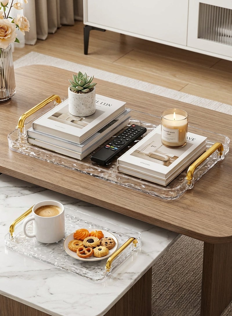 ياسمينةارا طقم صواني تقديم أكريليك مكون من قطعتين بمقابض ذهبية، بتصميم عصري مموج، صواني مستطيلة للمطبخ، غرفة الطعام، البار، تنظيم الحمام - مقاسان (كبير وصغير)، مانعة للانسكاب، شفافة وأنيقة لتزيين المنزل - Image 3