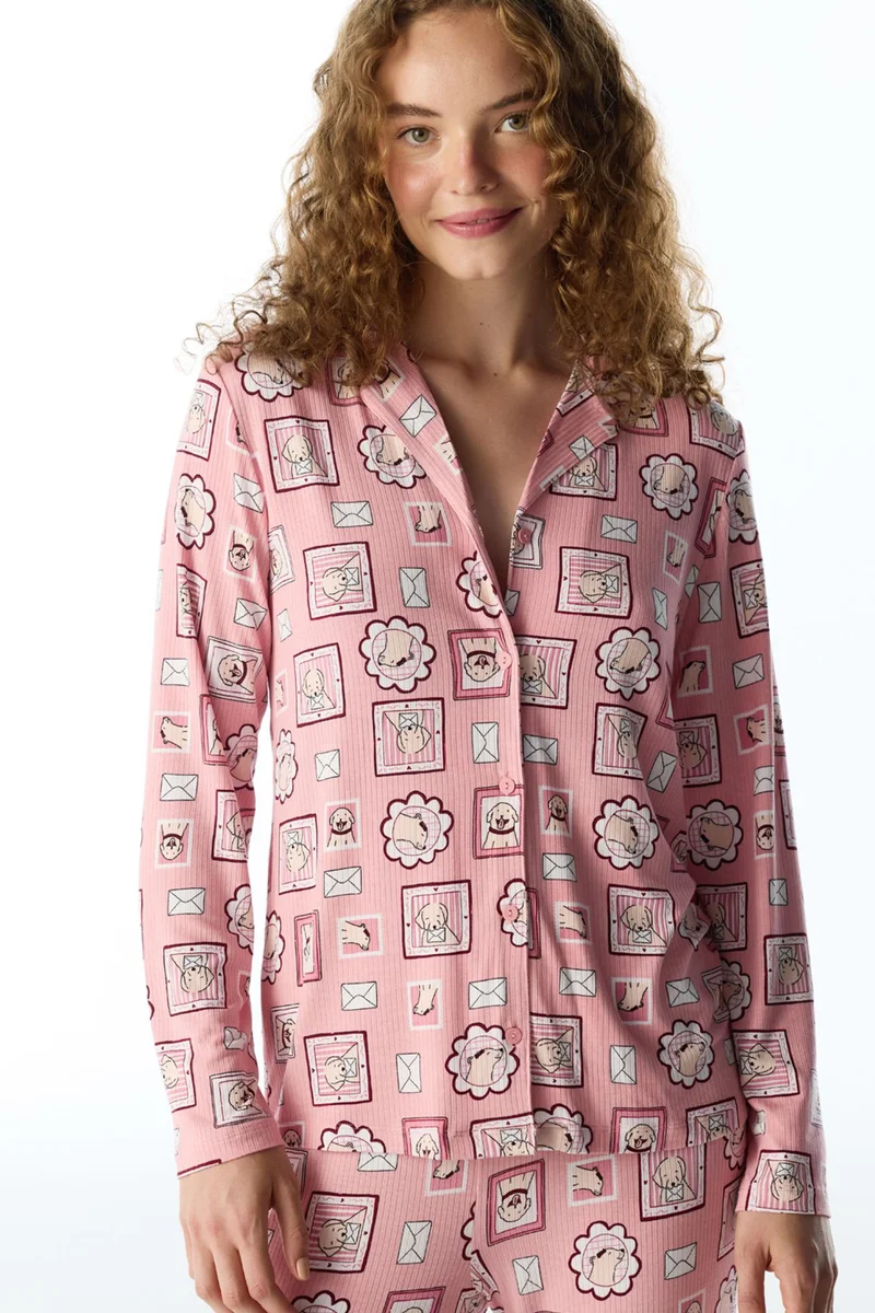 بنتي PENTI Postcard Ribbed Long Sleeve Shirt Trousers Pajama Set