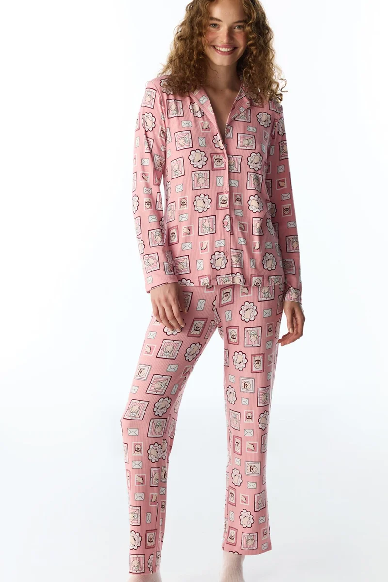 بنتي PENTI Postcard Ribbed Long Sleeve Shirt Trousers Pajama Set