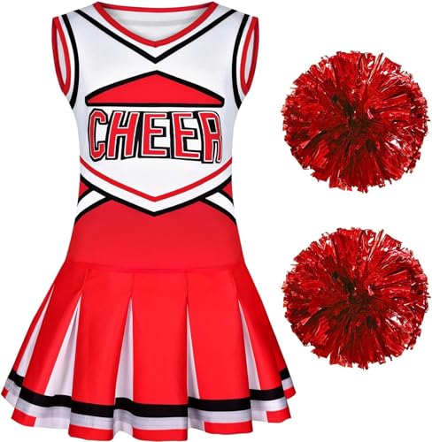 Costumerry Cheerleader Costume for Girls Cheerleading Outfit with Pom Poms Halloween Dress Up Party (Red, 3-4T) - Image 5