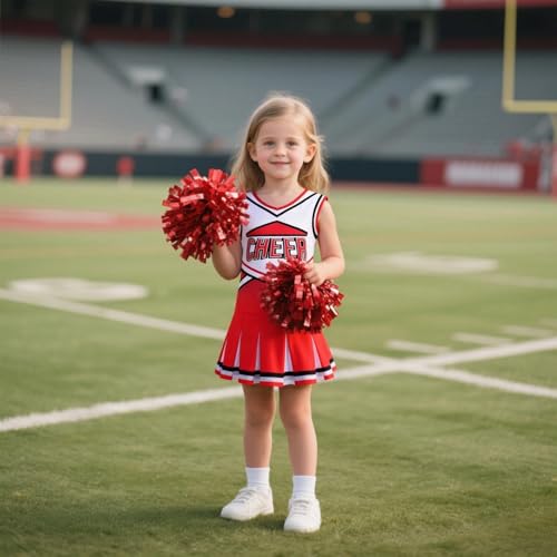 Costumerry Cheerleader Costume for Girls Cheerleading Outfit with Pom Poms Halloween Dress Up Party (Red, 3-4T) - Image 3