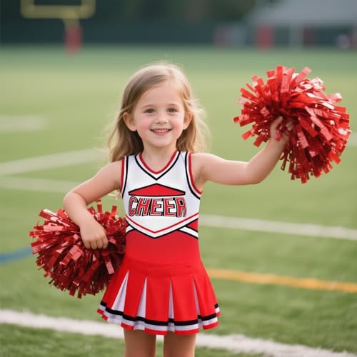 Costumerry Cheerleader Costume for Girls Cheerleading Outfit with Pom Poms Halloween Dress Up Party (Red, 3-4T) - Image 4