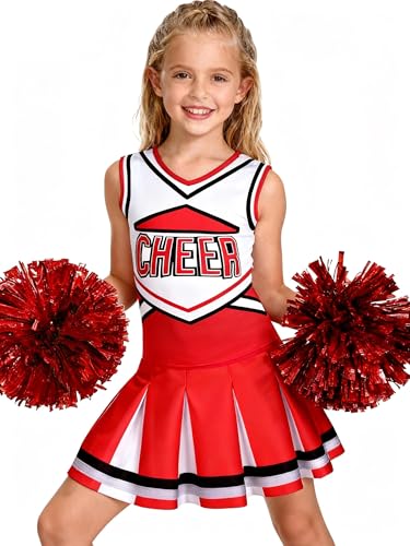 Costumerry Cheerleader Costume for Girls Cheerleading Outfit with Pom Poms Halloween Dress Up Party (Red, 3-4T) - Image 1