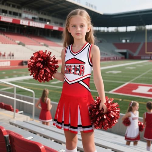 Costumerry Cheerleader Costume for Girls Cheerleading Outfit with Pom Poms Halloween Dress Up Party (Red, 3-4T) - Image 2