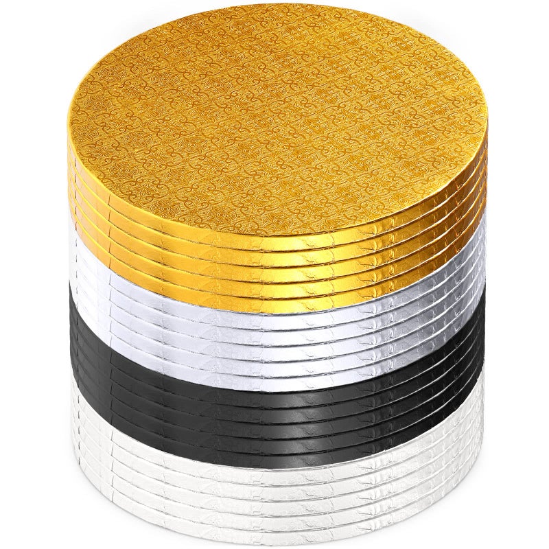 Zopeal 20 Pieces Cake Boards 10 Inch Round Cake Drum with 12 Inch Thick Round Cake Stands Cake Smooth Edge for Multi Tiered Birthday Wedding Party Black Silver Gold and White - Image 1