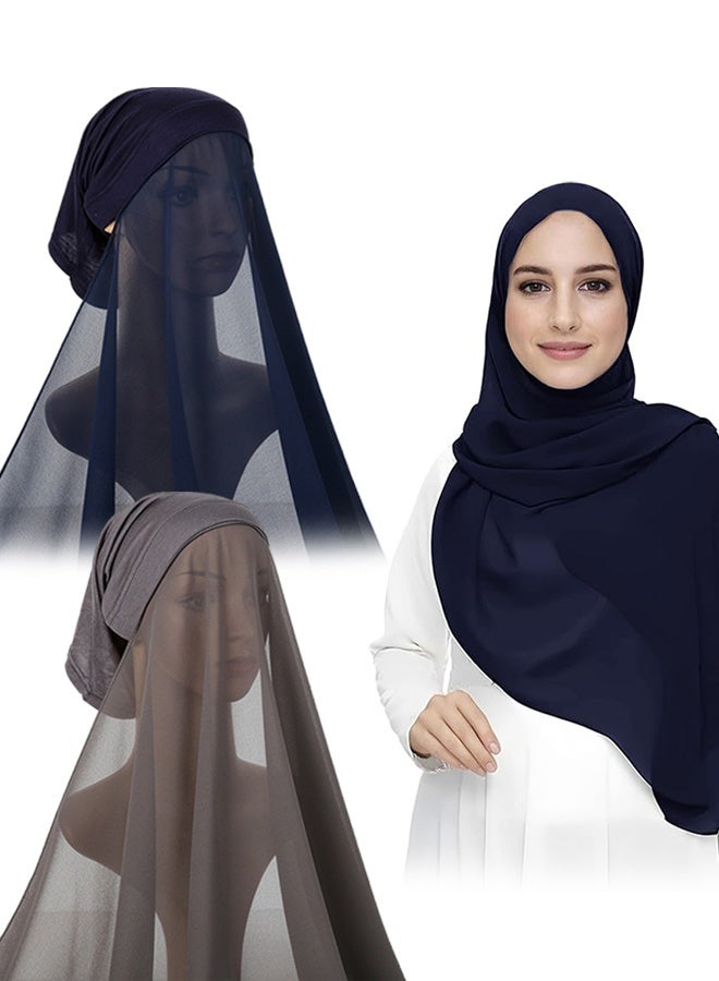 Sweet Life 2 Pcs Chiffon Instant Hijab for Women Muslim Under Scarf Tube Cap with Veil Fashion Islam Solid Color Headscarf Turban Wrap (Navy blue, dark gray) - Image 1