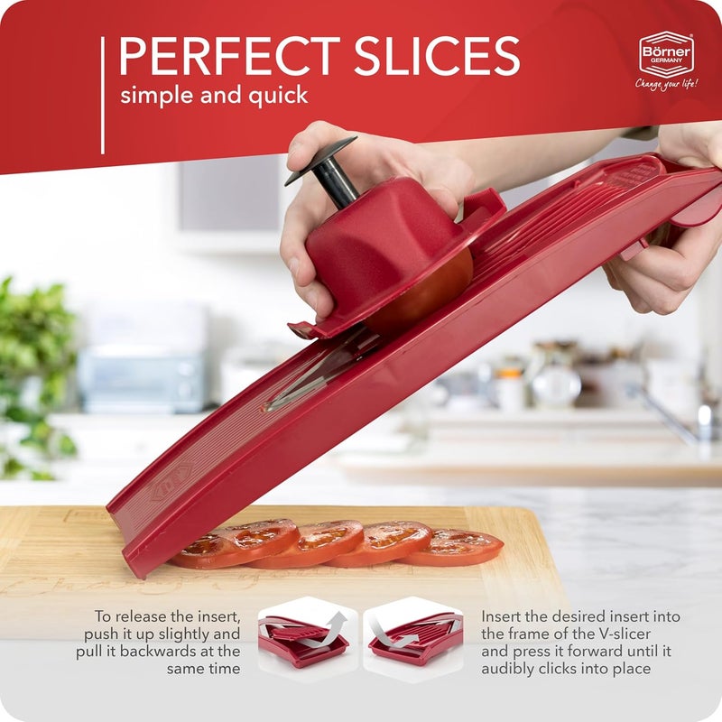 Börner by Reston Lloyd Mandoline Slicer V1 (Starter Set) • V-Slicer with 5 Thickness Settings & Food Holder • Adjustable Kitchen Slicer for Vegetables & Fruits • Color: Red - Image 5