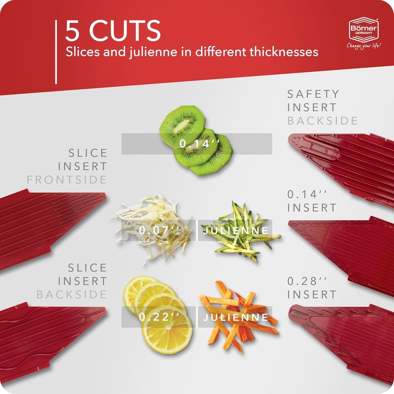 Börner by Reston Lloyd Mandoline Slicer V1 (Starter Set) • V-Slicer with 5 Thickness Settings & Food Holder • Adjustable Kitchen Slicer for Vegetables & Fruits • Color: Red - Image 2