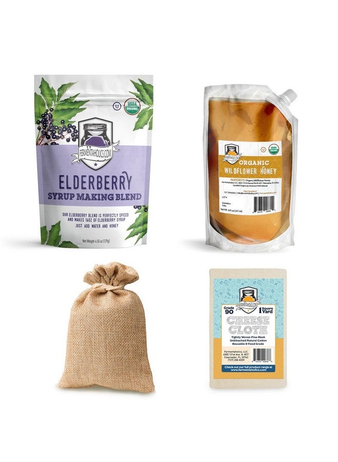 Fermentaholics FERMENTAHOLICS USDA Organic Dried Elderberry Syrup Making Kit | Easily Make Your Own Elderberry Syrup or Tea! | All Natural | Elderberries + Syrup Spice Blend + Honey + Cheese Cloth | For Syrup - Image 1