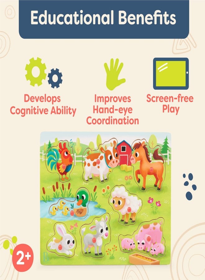 B. toys - Peek & Explore - Farm Animals - Wooden Peg Puzzle - Farm Puzzle for Toddlers, Kids - 8 Farm Animal Pieces - Cow, Horse, Sheep & More - 2+ Years - Image 3