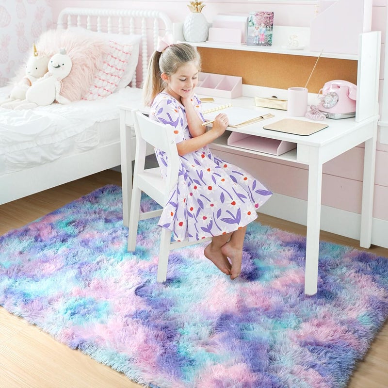 Amdrebio Purple Rainbow Rugs for Bedroom Girls Room Decor, Soft Fluffy Cute Area Rug 4x6 for Kids Room Playroom Nursery Dorm, Mermaid Stitch Frozen Fuzzy Carpet, Plush Kawaii Furry Baby Toddler Rug - Image 3