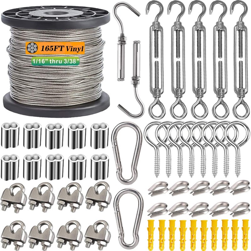 Roxanned 50m/2mm Wire Rope Kit,PVC Coated Stainless Steel Metal Cable,Garden Wire For Climbing Plants Heavy Duty Turnbuckle Wire Tensioner Kit,Cable Railing Kit,Catenary Wire Kit - Image 1