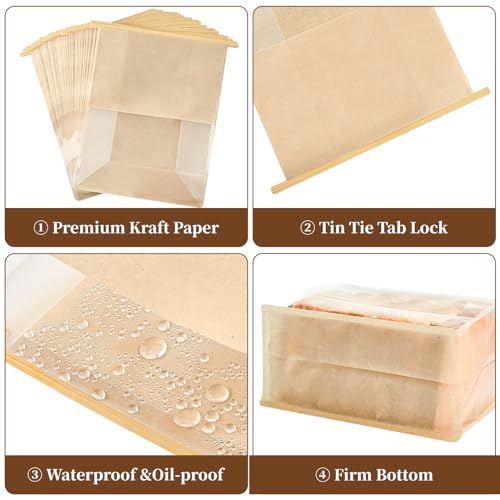 Ohuimrt 50 PCS Paper Bread Bags for Homemade Breads, 11 x 8.7 x 4.3 Inches Kraft Bakery Bags with Tin Tie Tab Lock Sourdough Bread Bags with Window Baked Foods Packaging Storage - Image 3