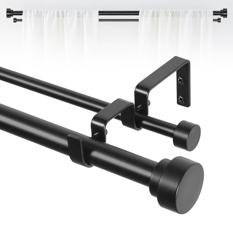 TANGWIN Black Double Curtain Rods for windows 36 to 88:Adjustable Heavy Duty Double Curtain Rod for Bedroom Living Room,1Inch Matte Black Iron Moden Decorative Telescopic Dual Drapery Rod Easy Install - Image 1