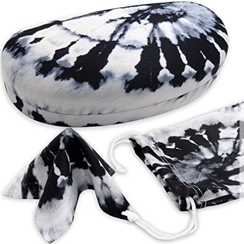 MyEyeglassCase Hard Sunglasses case - Large Glasses Case Holder in Tie Dye Black & White print design - Eyeglass Case Hard shell with Drawstring Pouch and Cleaning Cloth (AS113 TD Black & White) - Image 1