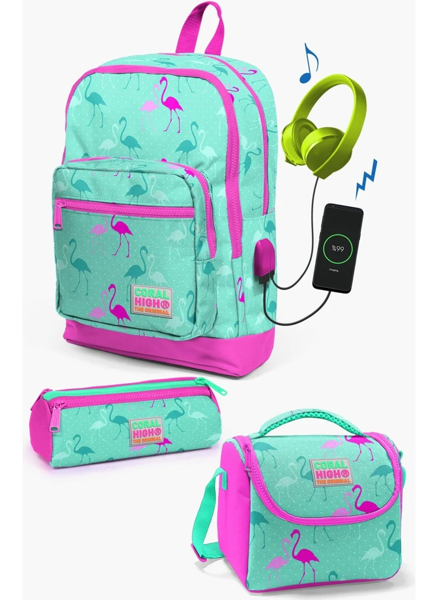 كورال هاي Kids Water Green Neon Pink Flamingo Patterned 3-Piece School Bag Set with USB SET0123275