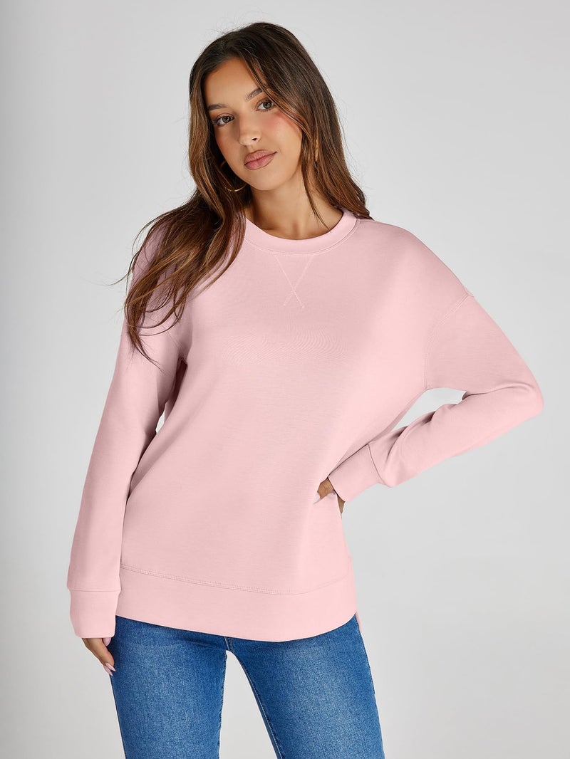 Simplee Apparel Simplee Womens Long Sleeve Crewneck Oversized Sweatshirt Air Essentials Casual Pullover Sweatshirt 2024 Trendy Fall Tops Pink,L - Image 3
