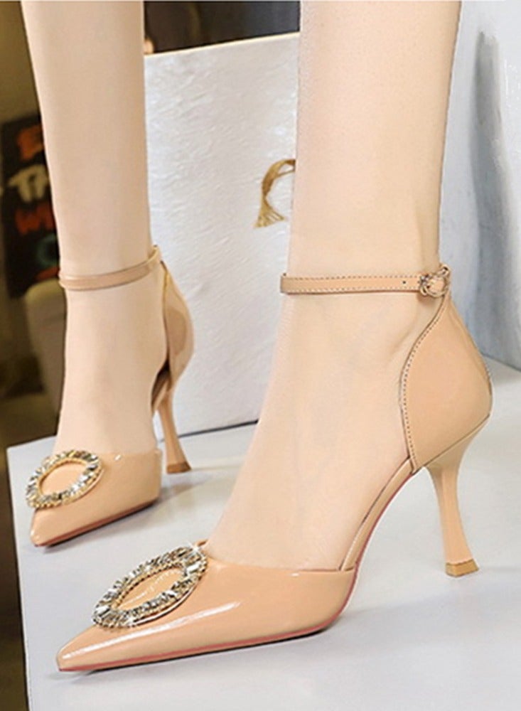 بيج تري جلد براءة اختراع المرأة مغلق إصبع القدم الكعب العالي مع أحزمة الكاحل المضخات البيج 8 سم - Image 3