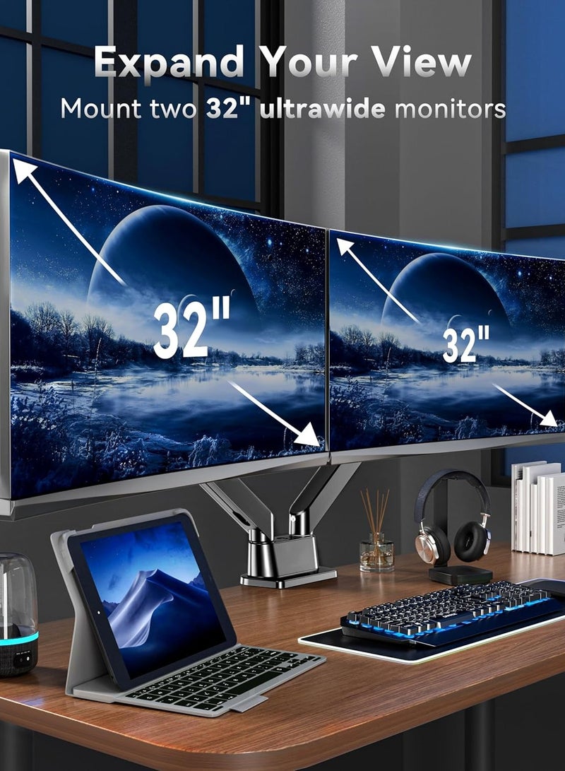 Dual Monitor Arm - Adjustable Computer Monitor Arm Gas Spring Swivel Dual Monitor Mount, Dual Arm Gas VESA Monitor Stand for 13“-32‘’ LED/LCD Gaming Monitors up to 9kg with 2-Grommet Mounting - Image 2