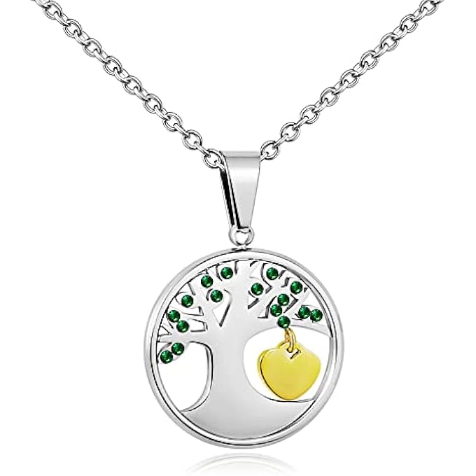 PHOCKSIN Paved Gree Cz Tree Of Life Necklace With Gold Plated Small Heart Dangle Pendant Necklaces 18''-20'' - Image 1