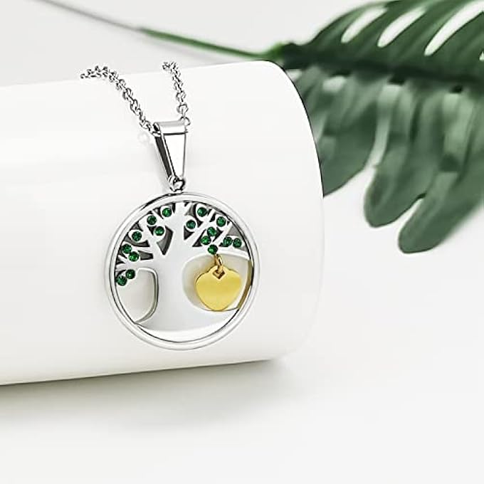 PHOCKSIN Paved Gree Cz Tree Of Life Necklace With Gold Plated Small Heart Dangle Pendant Necklaces 18''-20'' - Image 4