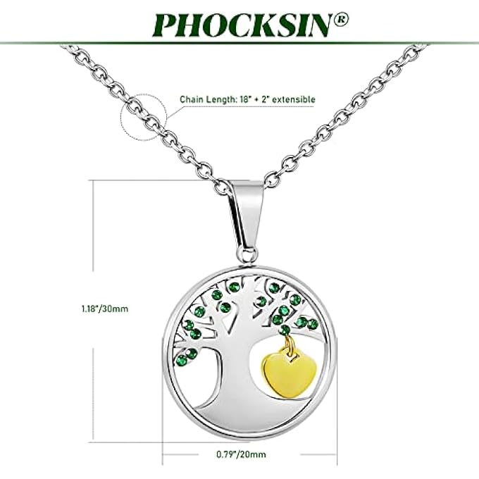 PHOCKSIN Paved Gree Cz Tree Of Life Necklace With Gold Plated Small Heart Dangle Pendant Necklaces 18''-20'' - Image 3