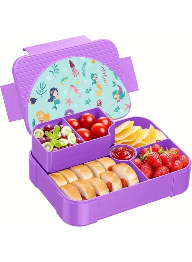 1pc Large Capacity Printed Lunch Box Leakproof 6 Compartment Snack Container Reusable Easy to Carry Purple Mermaid Space Theme Dishwasher Safe For School Work Travel Fun Mealtime Gear - Image 2